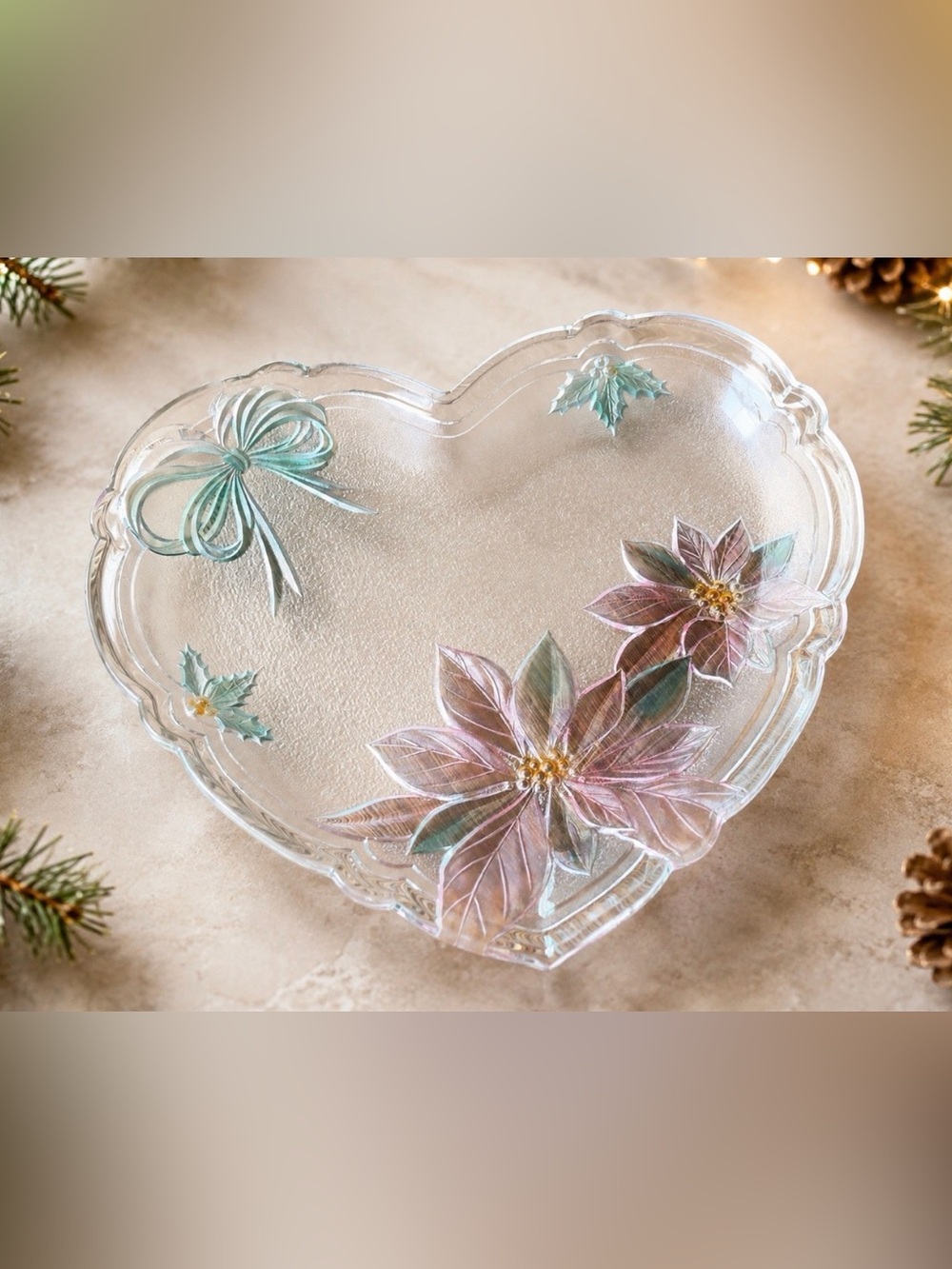 Vintage Savoir Vivre Holiday Spirit Heart-Shaped Christmas Glass Platter. G2W